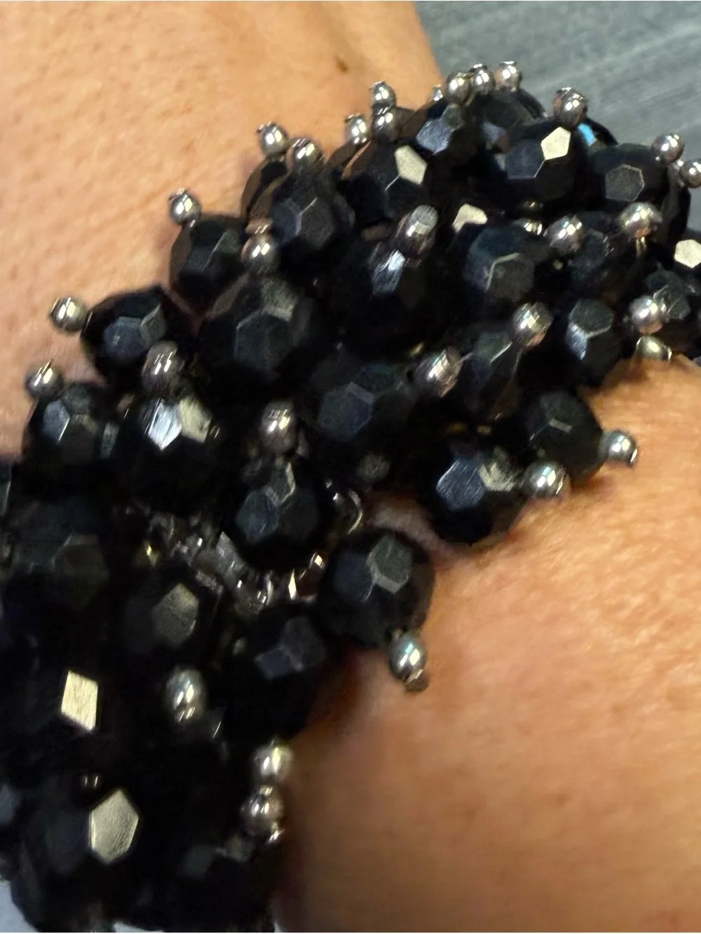 Black Crystal Beaded Cha-Cha Accordion Statement Bracelet